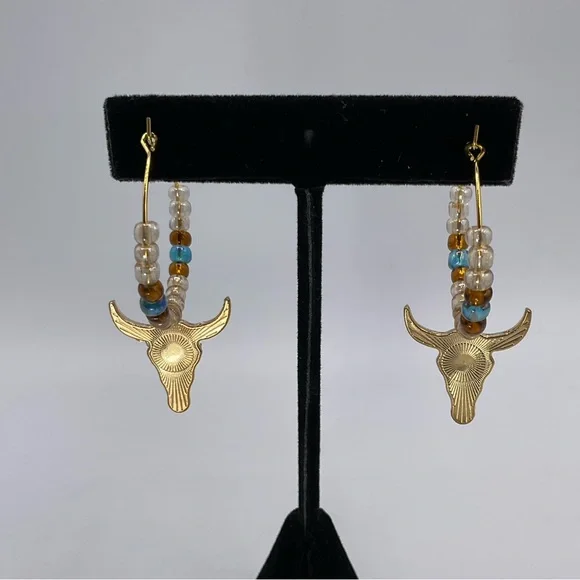 Earrings Hoops Cow Skull Boho Country Western Glass Beads Gold Tone #B Jewelry - Picture 2 of 3